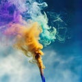 Color smoke waves on blue sky background. Yellow, orange, blue, purple swirls, clouds, Party decorations