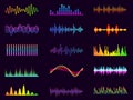 Color sound waves. Neon audio frequencies. Electronic music graphic elements. Digital equalizer diagrams or sonic