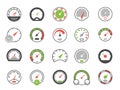 Color speedometer icons. Speed gauge symbol and download indicator. Vector isolated set