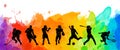 Color sport background. Football, soccer, basketball, hockey, box, tennis, baseball illustration colorful people silhouett