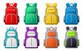 Color sport backpack mockup. Different colored backpacks, bags for travel, sport or school clothes and shoes, realistic