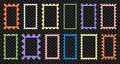Color squiggle frames set. Zigzag wavy edges, retro scallop frames, psychedelic rectangles, photo frames, text boxes
