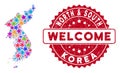 Color Star North and South Korea Map Collage and Distress Welcome Stamp