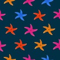 Color starfish on blue background. Pattern starfish illustration in realistic stule. vector illustration