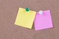 Color sticky note on cork board with blank notes, empty space for text Royalty Free Stock Photo