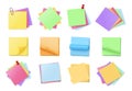 Color sticky note stack. Blank adhesive notepads, stacked multicolored memo pads pinned with pins or paper clips. Office