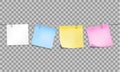 Color sticky notes attached metal paper clips on tape on transparent background. Template for design. Vector illustration