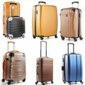 Color suitcases set isolated, modern travel bags group, handbags pack, different luggages, baggage collection Royalty Free Stock Photo