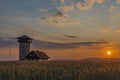 Color sunset near Roprachtice village with observation tower