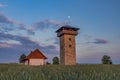 Color sunset near Roprachtice village with observation tower Royalty Free Stock Photo