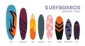 Color surfboards. Different shapes and sizes boards. Patterned designs. Extreme sport. Surfing equipment. Summer beach