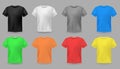 Color t-shirt mockups. Design colorful textile fabric apparel for men and teenagers clothes vector set Royalty Free Stock Photo