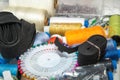 Color threads and sewing accessories on white background close-up Royalty Free Stock Photo
