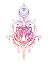 Color tiger head. Sacred geometry. Third Eye. T-shirt print. Detailed drawing of a tiger Royalty Free Stock Photo