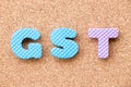 Color toy foam alphabet in word GST (Abbreviation of Goods and Service Tax) on cork board background Royalty Free Stock Photo