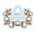 Color triangular label between pattern from cotton plants. Logo for textile, fabric, cloth or business