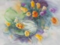 Color tulips on green violet background watercolor