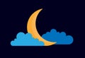 Color vector drawing of a quarter moon in the clouds in the night sky