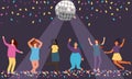 Color vector flat design on celebration party or event with female characters having fun and dance with disco ball