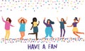 Color vector flat design on celebration party or event with female characters having fun and dance