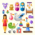 Color vector flat icon set and illustrations birth of baby Royalty Free Stock Photo