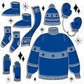 Color vector hand drawn illustration of winter clothes. Set of doodle style elements. Vector illustration Royalty Free Stock Photo