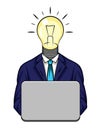 Color vector illustration of business idea. Conceptual design of a man in a suit with a light bulb instead of a head. Business ide Royalty Free Stock Photo