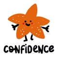 Color vector illustration of confidence, a star with emotions, a style of doodles and sketches. A big orange star with