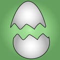 Color vector illustration-cracked eggshell, two parts. The chicken hatched. Isolated green background. Cartoon style. Royalty Free Stock Photo