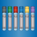 Empty vacuum tubes for several types of analysis of venous blood tests. Set of vector illustrations. Isolated blue background. Royalty Free Stock Photo