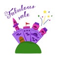 Color vector illustration of a fabulous sale. Image of a fairy tale castle