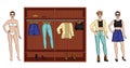 Color vector illustration of a female modern wardrobe for the autumn. A woman standing next to a closet with clothes