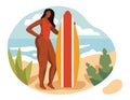 A girl with a surfboard stands on the sand.