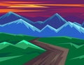 Color vector illustration in flat style. Horizontal landscape with mountain views. Dawn of the sun in the mountains.