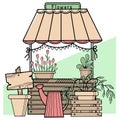 Color Vector illustration. Flower shop, wooden boxes, ceramic pots