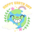 Color vector illustration with happy earth image and lettering in groove style