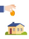 Color vector illustration of a house in flat style. A man\'s hand holds a coin.