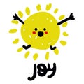 Color vector illustration of joy, the sun with emotions, in the style of doodles and sketches. A big yellow sun with