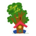 Color vector illustration of a magic sale. Image of a fabulous tree with a house. Postcard with an inscription about discounts.