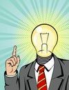 Color vector illustration of a man in a suit with a light bulb instead of a head. Businessman points finger up. Concept poster abo Royalty Free Stock Photo