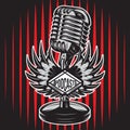 Color vector illustration with microphone, wings, stage with red curtains Royalty Free Stock Photo