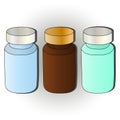 Color vector illustration- plastic jar for medicines, vitamins and other things. Tubes of green, blue and brown color. Royalty Free Stock Photo