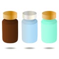 Color vector illustration - plastic jar for medicines, vitamins and other things. Tubes of green, blue and brown on an isolated Royalty Free Stock Photo