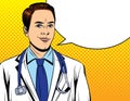 Doctor in uniform on a yellow halftone dot background