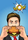 Color vector illustration of a pop art man eating a burger. Royalty Free Stock Photo