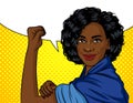 Color vector illustration in pop art style. African american woman holding her hand into a fist. A poster on the topic of female l