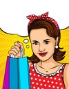Color vector illustration of pop art style girl holding packages from the store in hand. Poster in vintage style happy girl makes