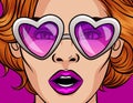 Color vector illustration in pop art style. Girl in pink glasses in the shape of a heart. The girl opened her mouth in surprise