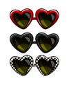 Color vector illustration set of vintage sunglasses. Glasses in a frame in the form of heart. Sunglasses of different colors, isol