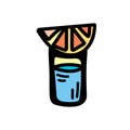 Color vector illustration of a shot glass with alcohol and an orange slice on top. Royalty Free Stock Photo